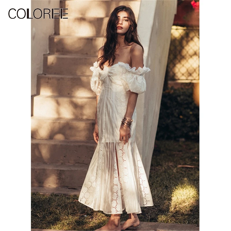 

COLOREE Vacation Casual Midi Dress 2019 Summer Pink/White Sexy Hollow Out Backless Puff Sleeve Open fork Elegant Dress