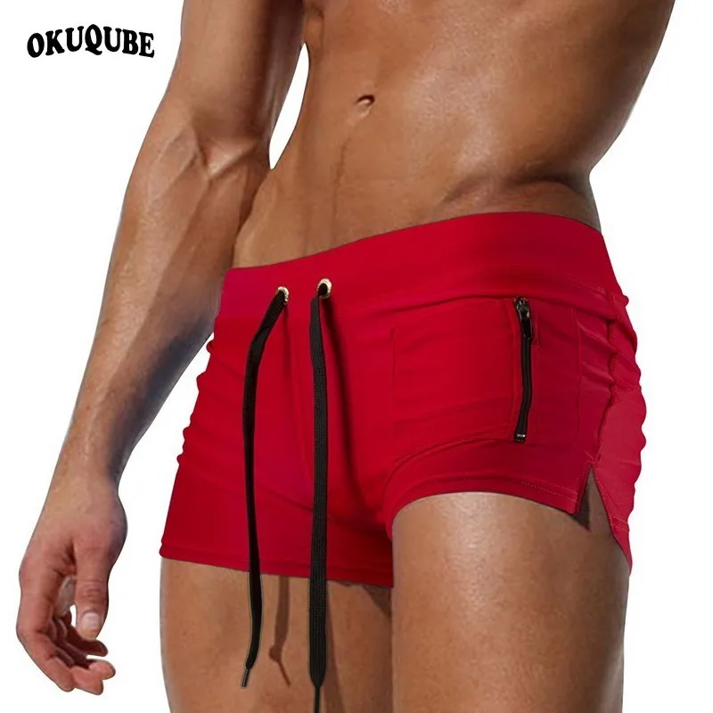 

Side Pocket Drawstring Men Swimsuit Solid Black Red Blue Swimwear Breathable Swimming Trunks Beachwear Elastic Swim Briefs Male
