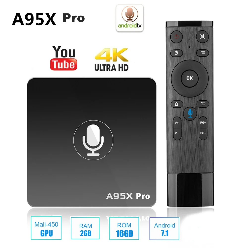 

A95X PRO TV Box with Voice Control Amlogic S905W Android 7.1 2GB RAM + 16GB ROM 2.4G WiFi 100Mbps H.265 Support Youtube 4K
