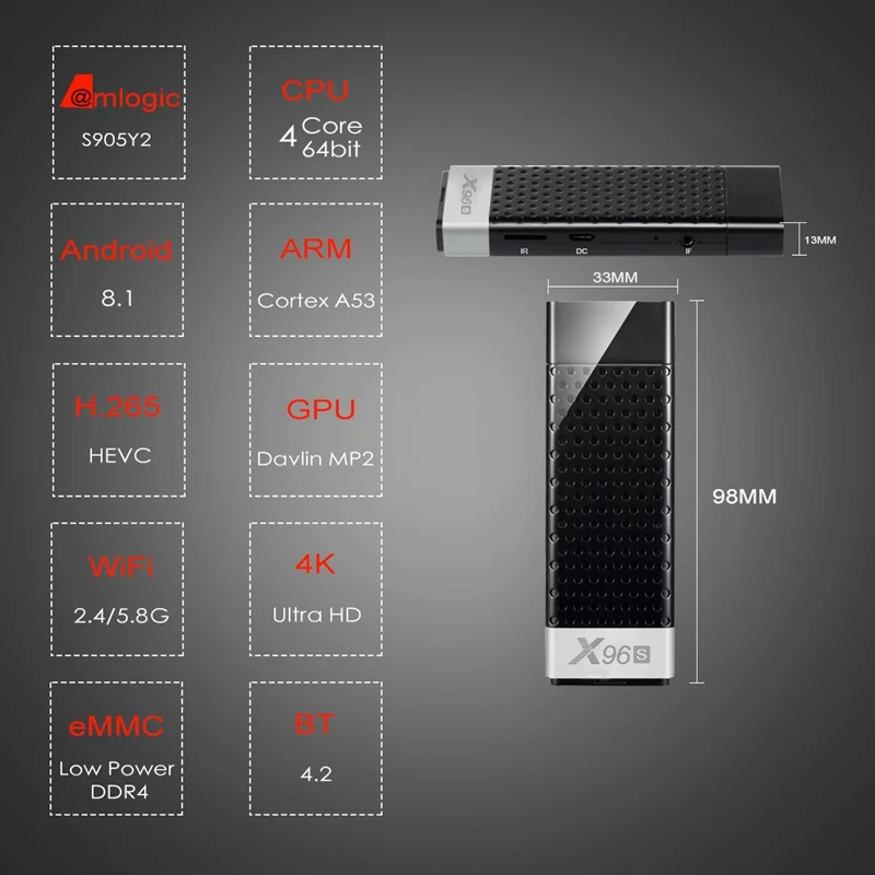  LEORY X96S Amlogic S905Y2 2GB DDR4 16GB 2.4G 5G WIFI bluetooth 4.2 Android 8.1 4K H.265 TV Box Stic