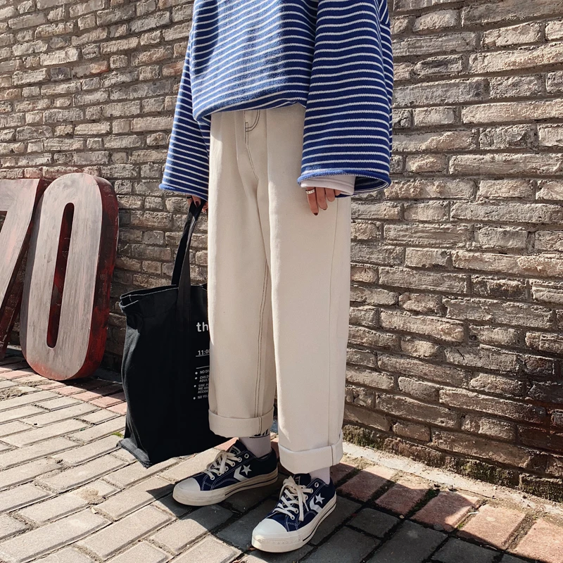 Spring Men's Personality New Casual Jeans M-2XL Solid Color Simple Wide Leg Wild Youth Loose Temperament Student Trousers