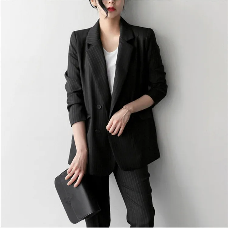 2019 Spring Work Pants Suits Striped Blazer Jacket & Zipper Trousers Suit Office Lady Two Piece Sets Double Breasted Casual Suit