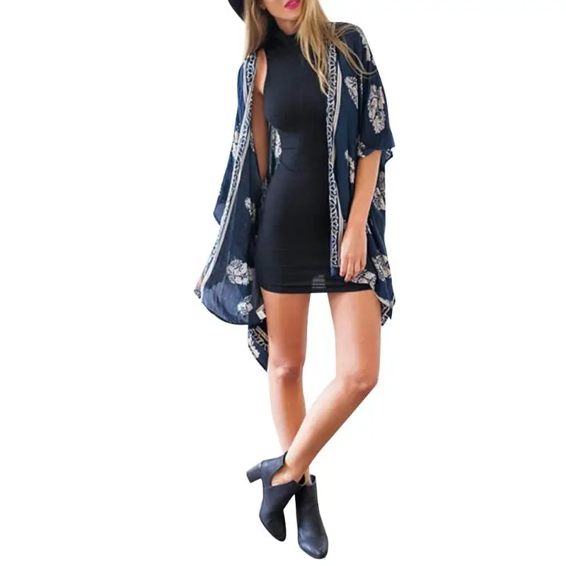 

Summer Women Boho Floral Print Kimono Cardigan Vintage Chiffon Blouse 3/4 Sleeve Casual Long Vintage Tribe Blusas Tops Big Size