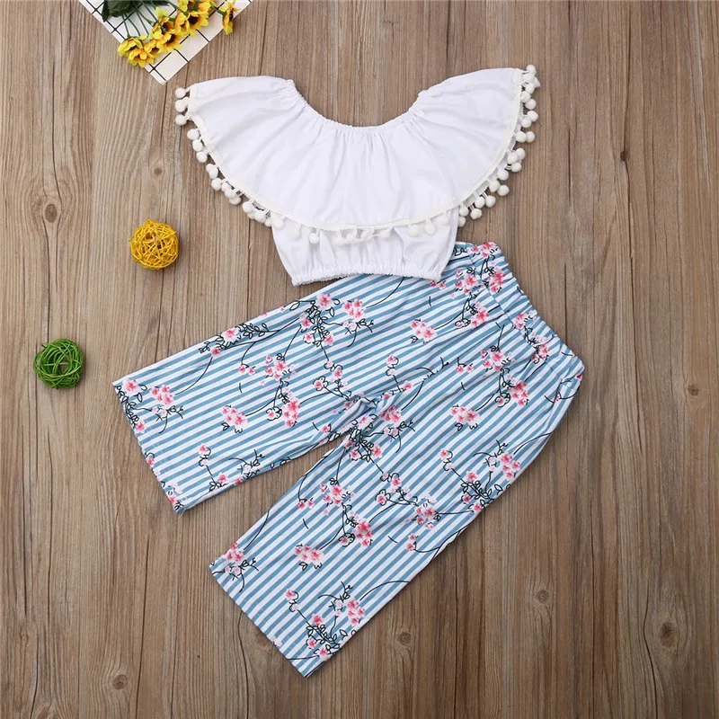 Toddler Kids Girls Summer Clothes Sets Fashion 2Pcs For Girl Slash Neck Tassels Crop Tops Floral Wide Leg Pant Girl Outfits 1-6Y