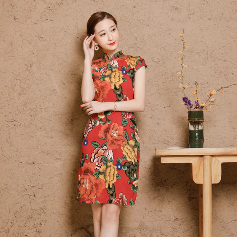 Chinese dress 5XL Women's Cotton Oriental Style Dresses Printing Elastic Qipao Short Cheongsam Restore Ancient Traditional
