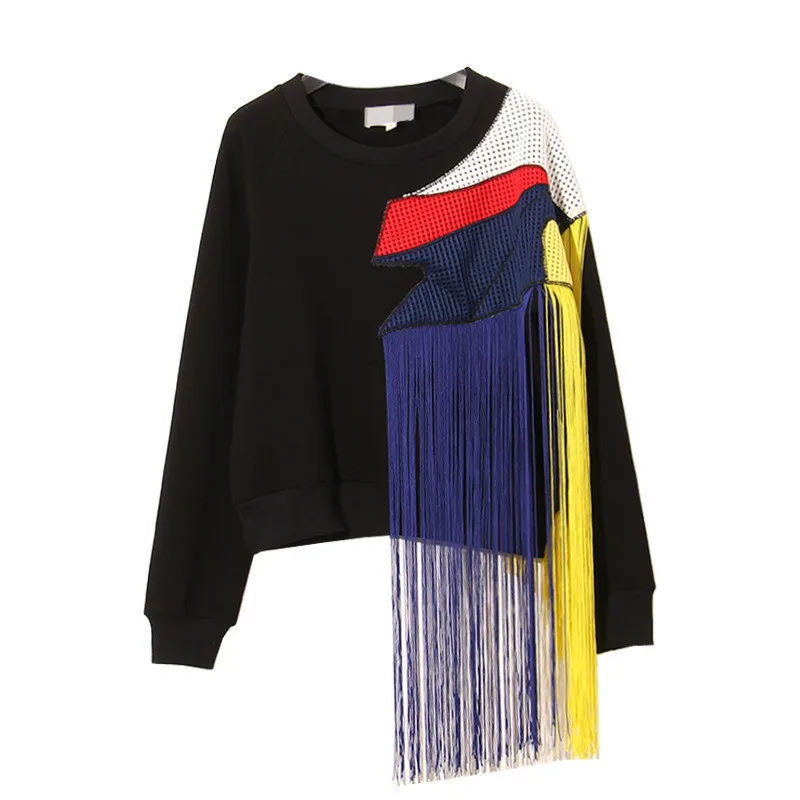 

[EWQ] 2019 Spring Round Neck Long Sleeve New Heavy Rainbow Tassel Stitching Mesh Yarn Large Thick Black Sweatshirts AS26011
