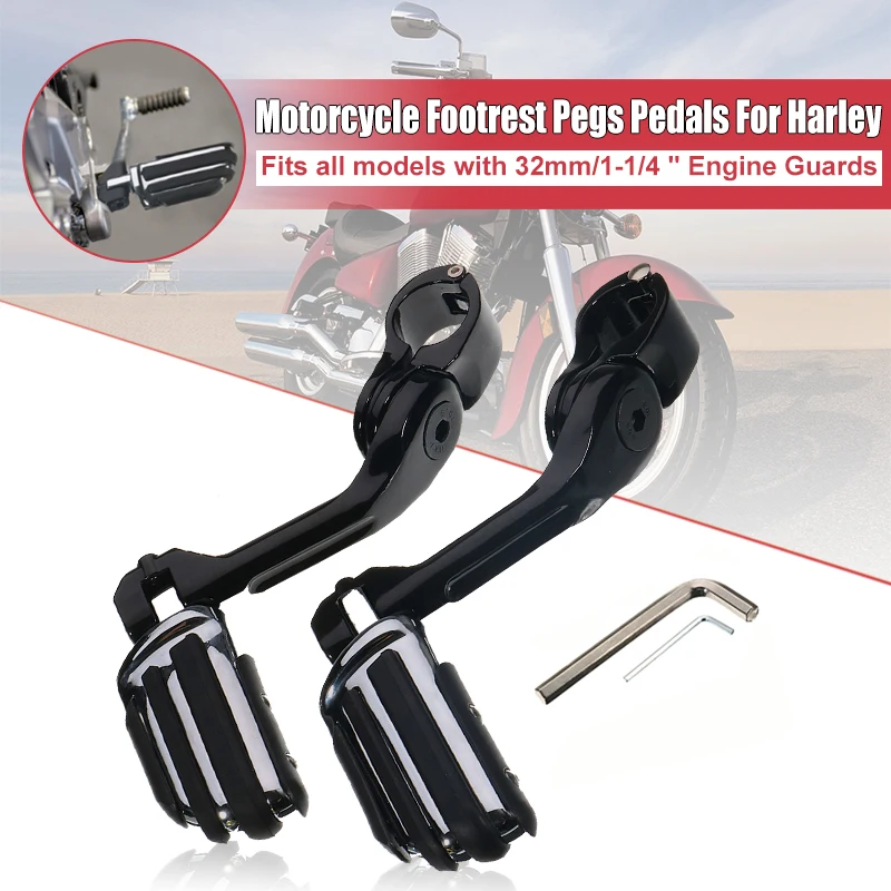 

180 degree adjustable Pair Motorcycle Rear Black Long Footrest Pegs Pedals For Harley with Allen Keys 32mm/1.25" 1-1/4