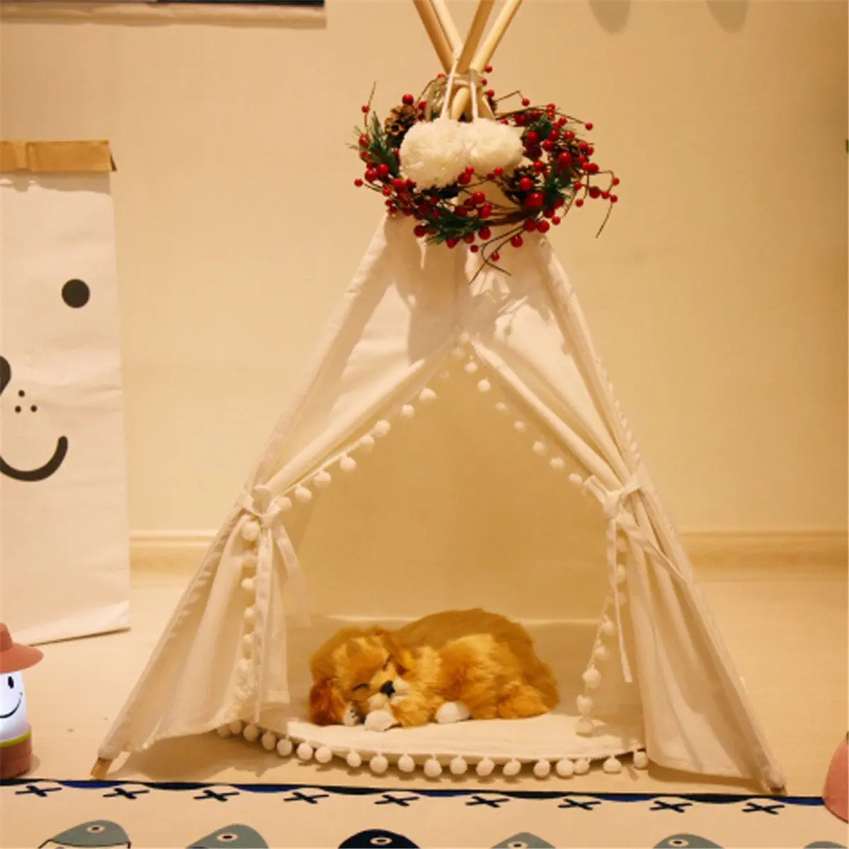 

Portable Dog Cat Pet Teepee White Dog House Tent Washable House Summer Ventilation Wood Stent Tents Kids Play Tents With Mat