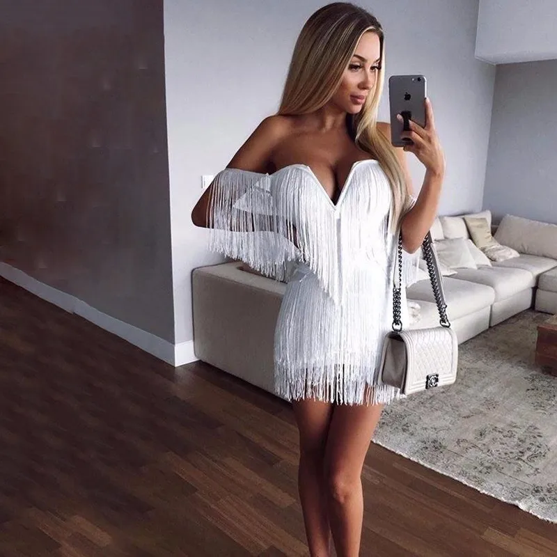 

Fuedage Off Shoulder Tassels Sexy Dress Women White Summer Dress Elegant Night Clubwear Short Party Dresses Vestidos