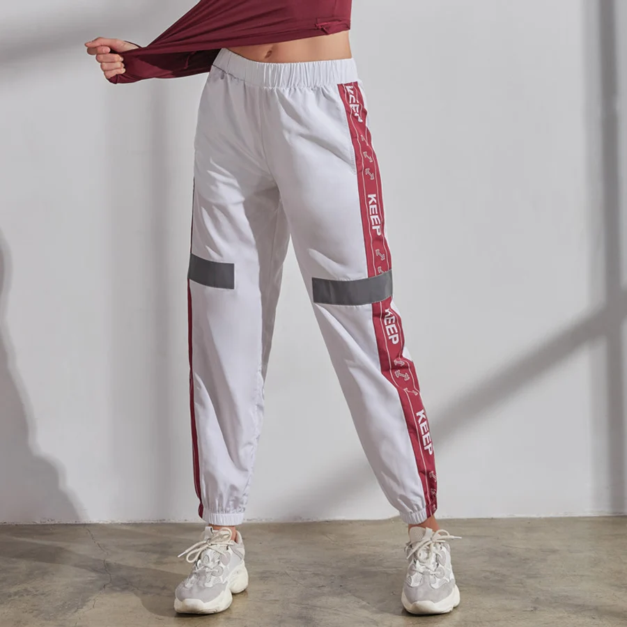 

BINAND Side Pocket Letter Print Loose Women Sports Trousers Middle Elastic Waist Reflective Strip Lycra Quick Dry Ladies Pants