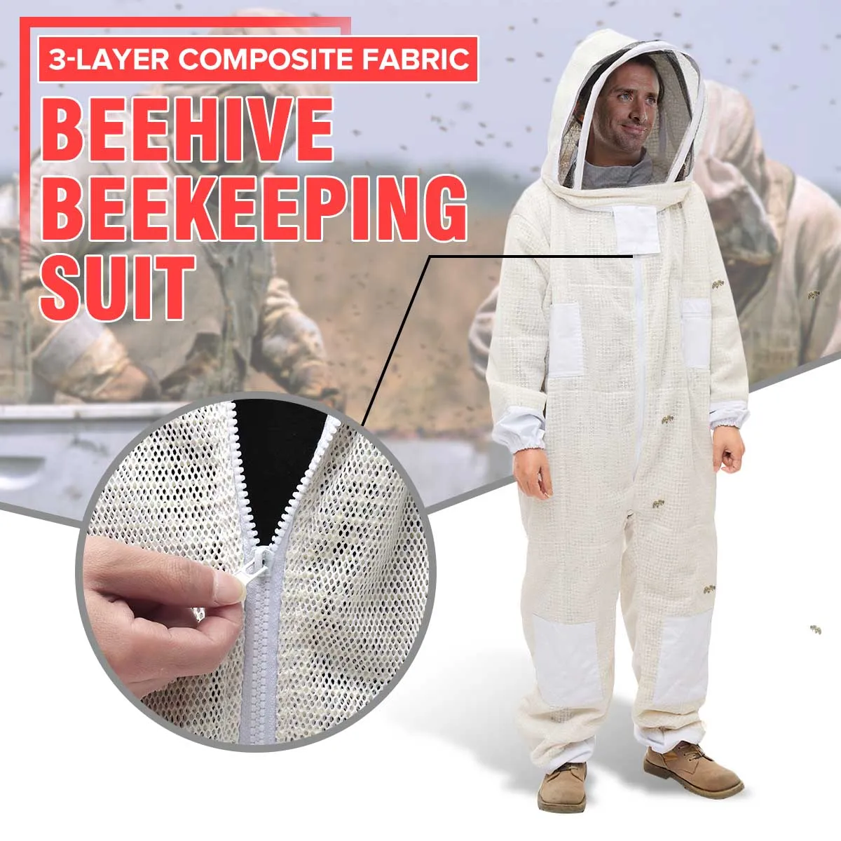 

3 Layer Beekeeping Beekeeper Bee Suit Breathable Siamese Design HD Surface Net Protective Suit Full Body Beekeeping Clothing Hat