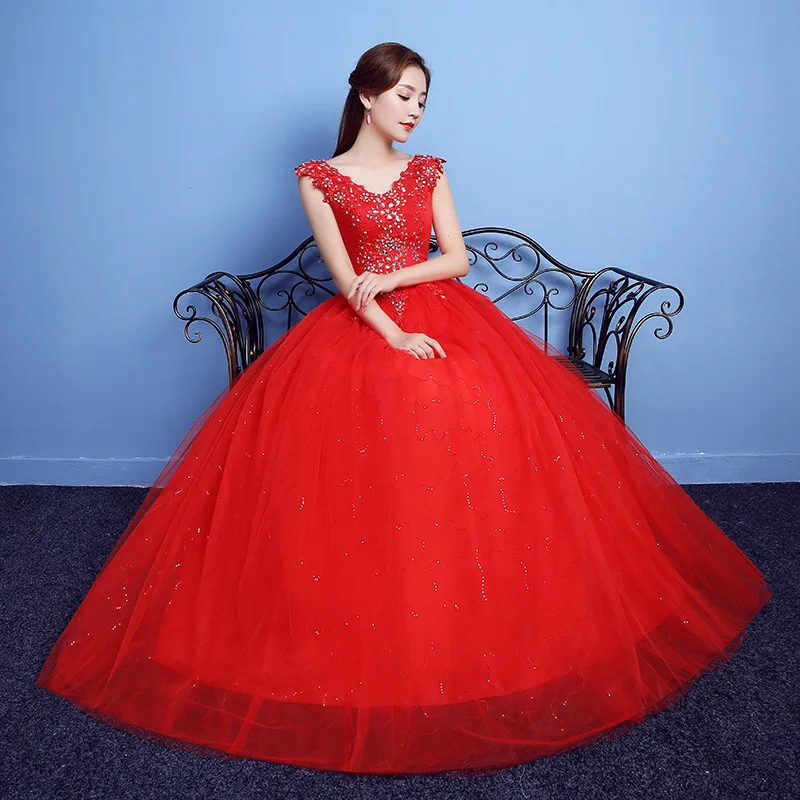 

Red Wedding Dresses 2019 Elegant Ball Gown V-neck Sleeveless Beading Crystal Robe De Mariee Sparkle Tulle Lace Wedding Gowns