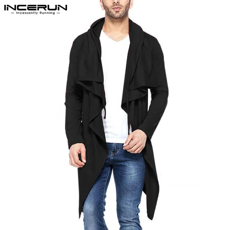 

2019 INCERUN Punk Men Hoodies Autumn Trench Cardigan Outwear Waterfall Mantle Hoody Long Irregular Hem Hombre Slim Sweatshirt
