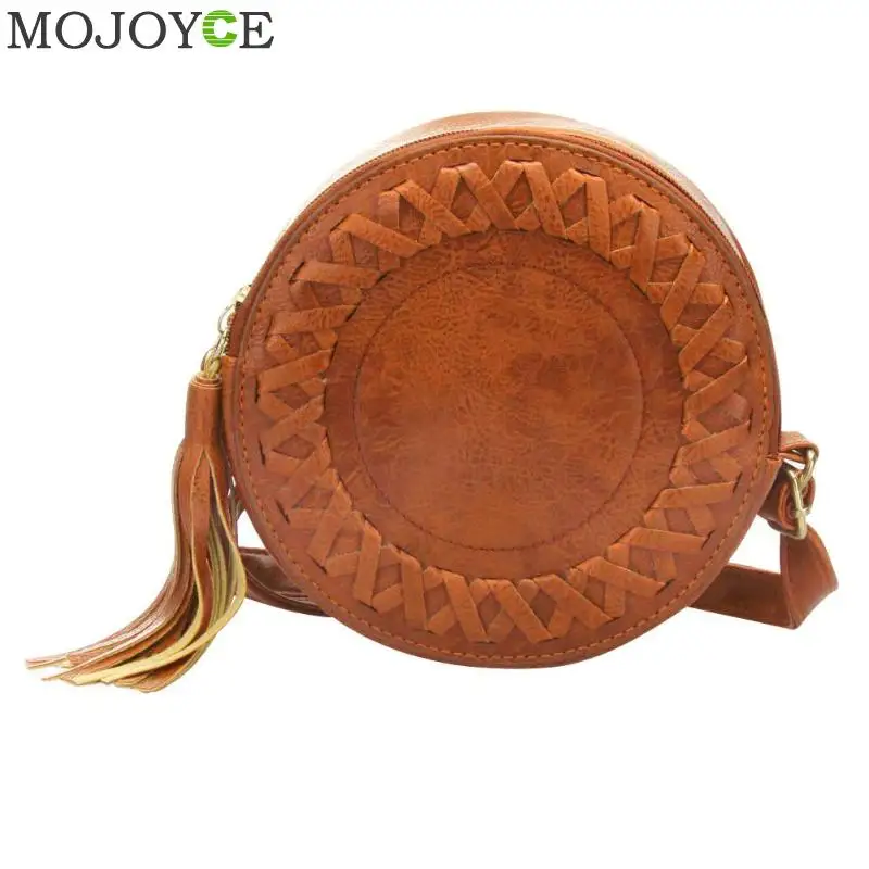 

Woven Pu Leather Round Handbag Retro Tassel Women Shoulder Bag Boho Solid Braided Messenger Bags Designer Female Handbag Totes