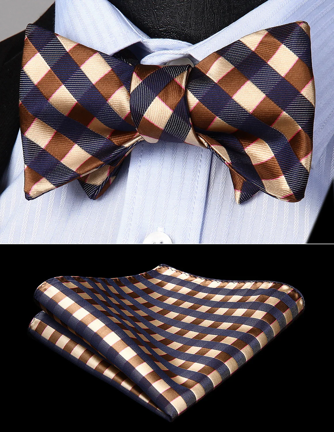  Wedding Bow Tie Handkerchief Set Classic Men Woven Brown Check Plaid Self Bow Tie Party Pocket Squa