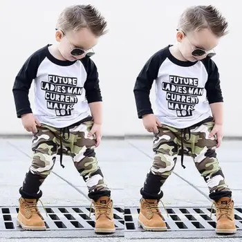 

2PCS Baby Boys Clothes Outfit Infant Kids Long Sleeves Camouflage Letter T Shirt Tops Camo Pants Fashion Set Cute Clothing