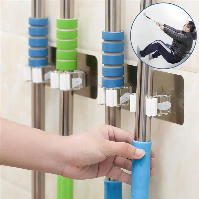 

Wall Mounted Mop Holder Self Adhesive Reusable Broom Storage Organizer Anti-Slip Storage Rack for Kitchen