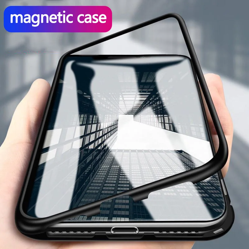 

Magnetic Adsorption Flip Case For iPhone X Tempered Glass Cover Shell For iPhone 8 7 6 6s Plus XR XS Max x s Metal Bumper Coque