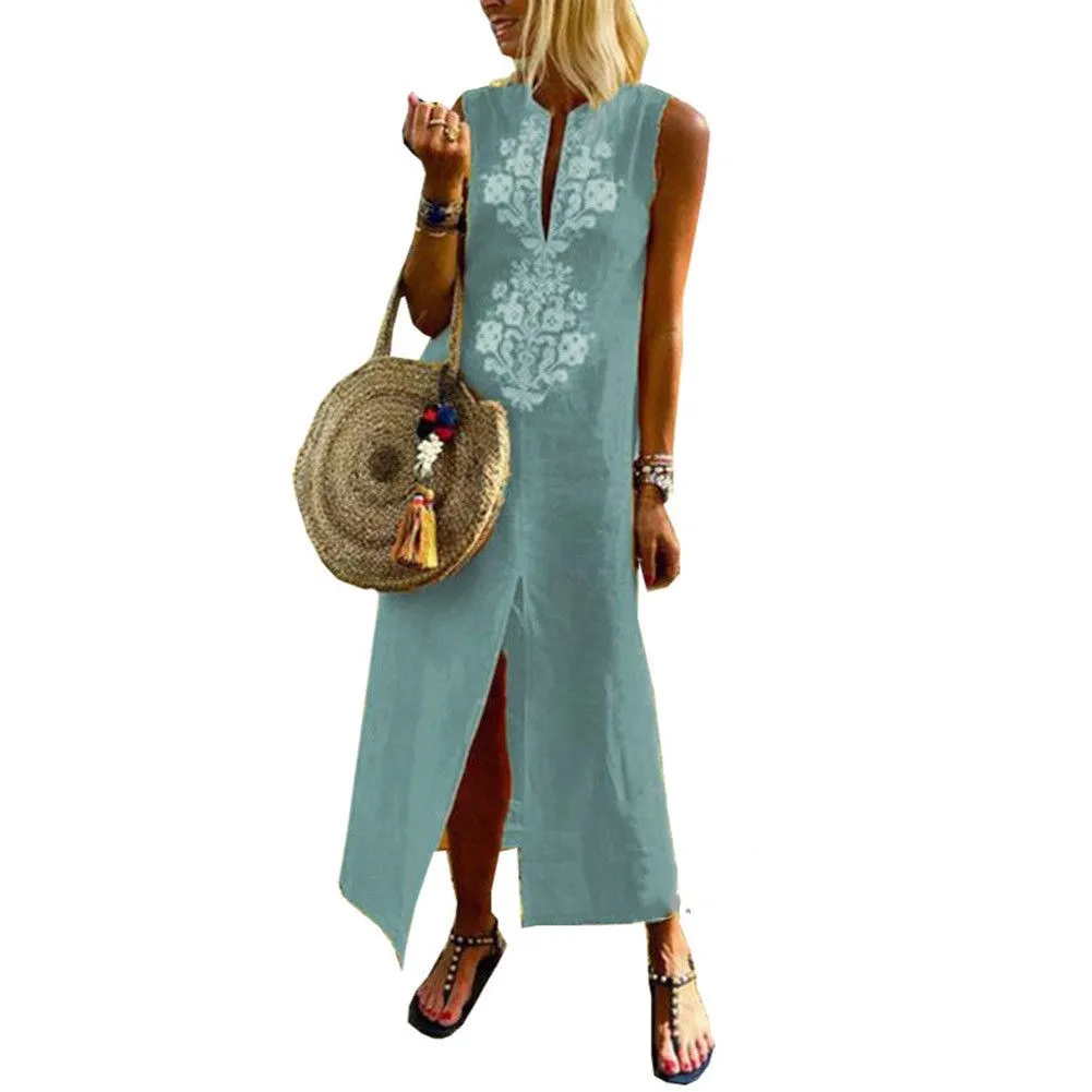 Women Dress Embroidery Floral Long Maxi Dress Sleeveless Cotton Linen
