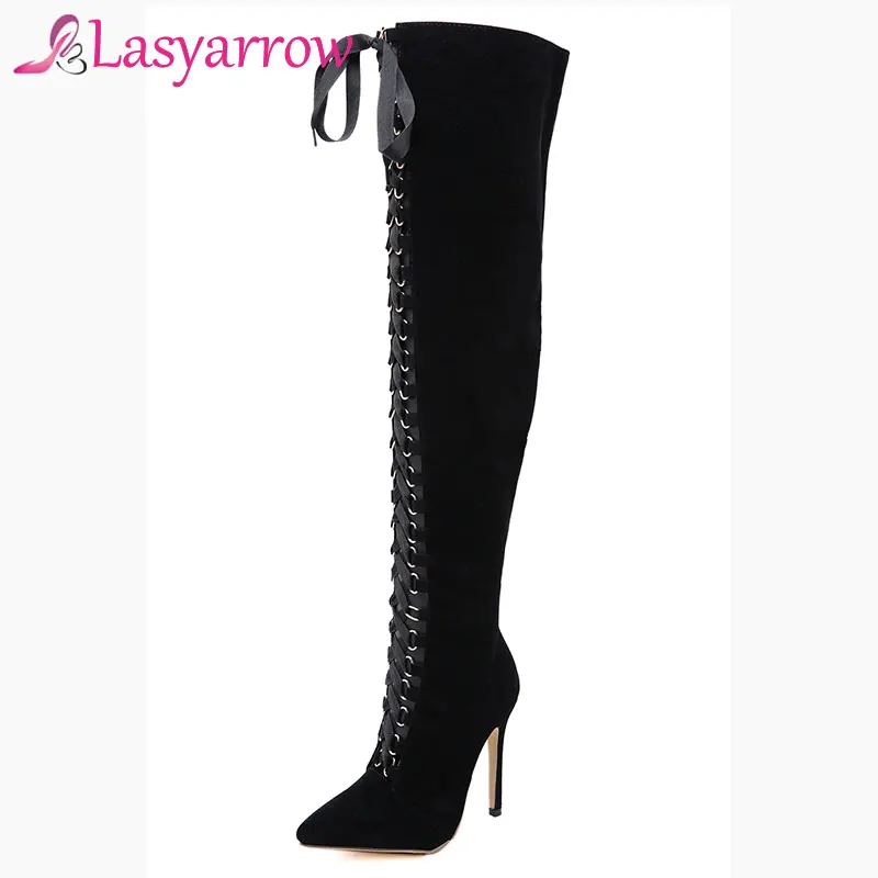 

Lasyarrow Sexy Knight Boots Women High Heels Pointed Toe 2019 Spring Lace Up Stiletto Pumps Boots Ladies Over the Knee Long Boot