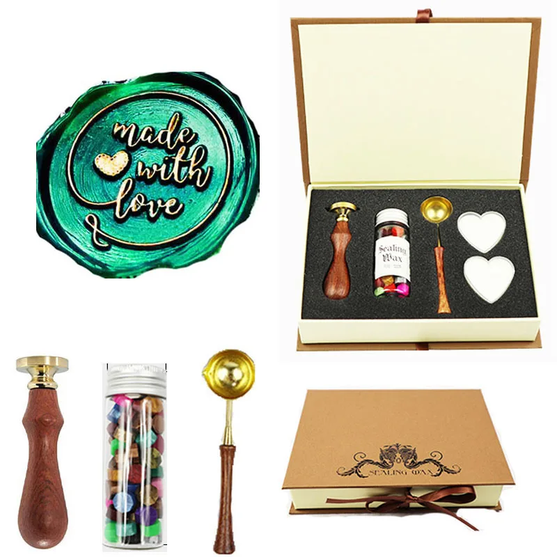 

Made With Love Script Wax Seal Stamp Kit Gift Book Box Rosewood handle Wax Beads Melting Spoon Set,Wedding Invitations Stamp
