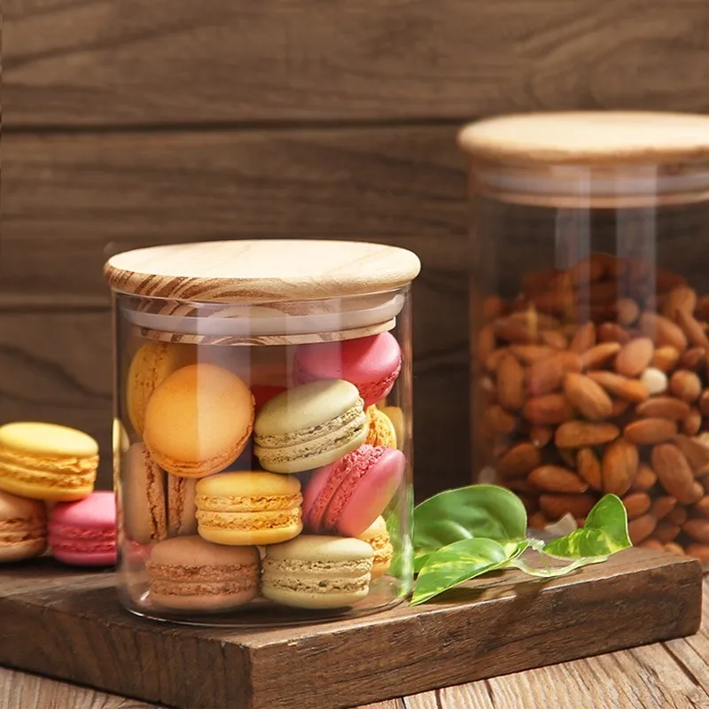 

Glass Food Storage Container With Wood Cover Sealed Cans Sugar Bowl Spices Mason Jar Tea Coffee Organizer For Bulk Products