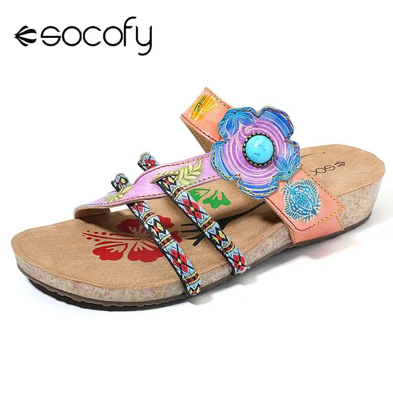 

SOCOFY Bohemian Rope Floral Retro Gems Splicing Genuine Leather Adjustable Hook Loop Sandals Comfortable Casual Flat Women Shoes