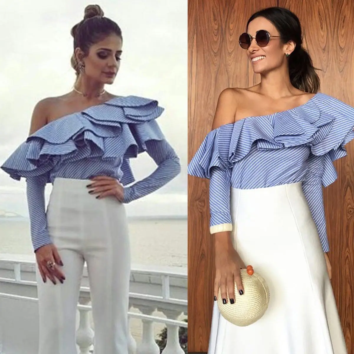 

Fashion Womens blue white striped One Shoulder Blouse Ruffles Long Sleeve Casual women's shirt blouses top plus size S to 2XL