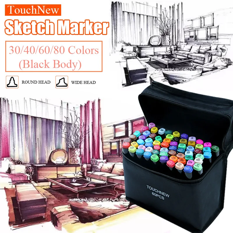 

TouchNew Black Animation Design Dual Head Art Markers Set Artist Sketching Graffiti Brush Pen For Drawing School Art Supplies