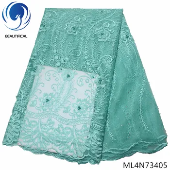

BEAUTIFICAL 2019 african lace fabric tulle lace fabric embroidered beads 5 yards cheaper new arrival ML4N734