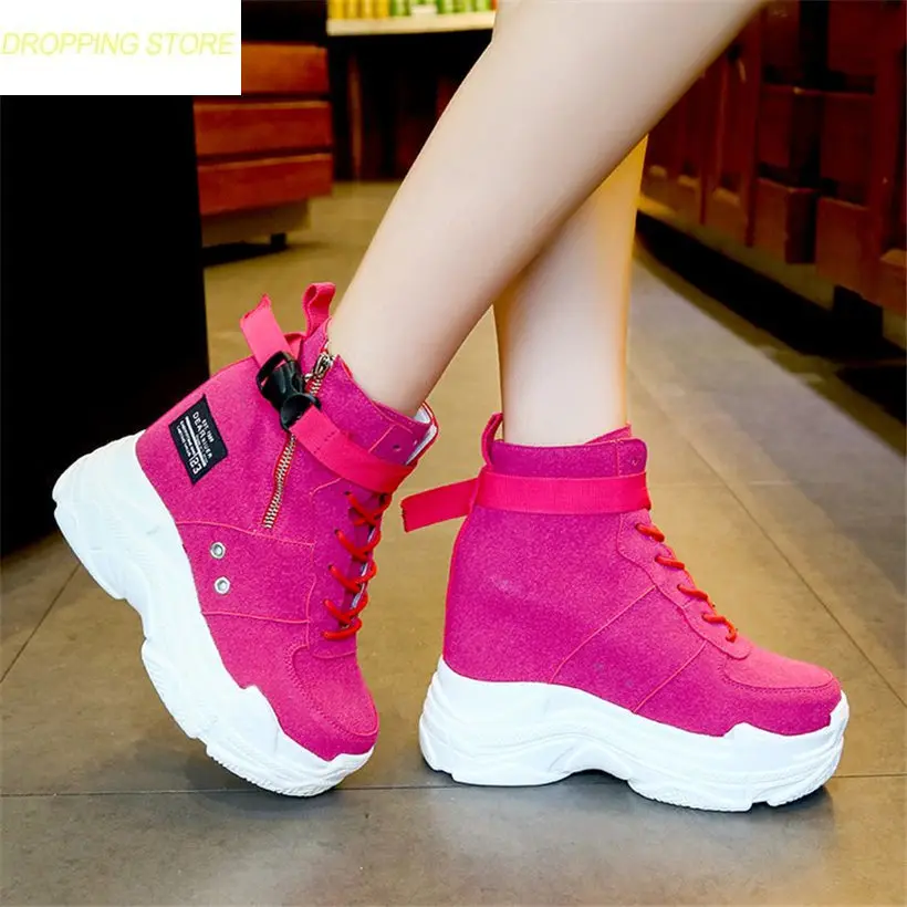 

Women Platform Wedge High Heel Fashion Sneaker Round Toe Comfortable Creepers Buckle Punk Goth Style Casual Shoes