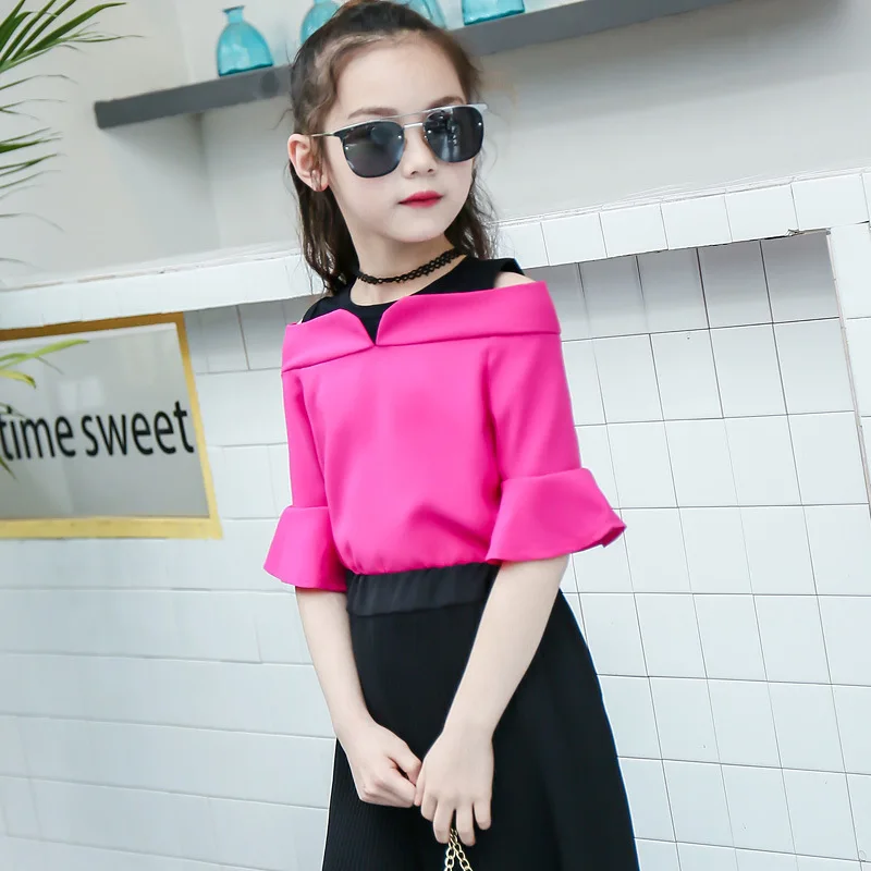 

Children's Wear Style 2019 Fashion Summer Strapless Round Neck Short Sleeve + Seven-point Wide-leg Pants Sports Two-piece Suit