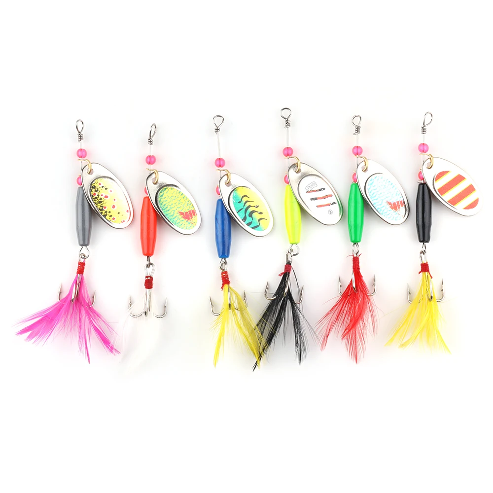 

6Pcs/lot Fishing Lures 7.5cm 7.4g Hard Spoon Sequin Paillette Baits with Feather Treble Hook Set for Pesca