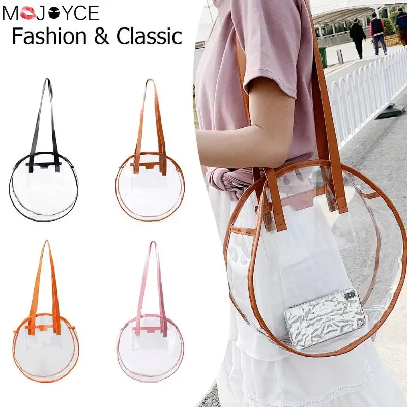 

Transparent Plastic Handbags Summer Fashion Cute Girl Beach Round Clear Transparent Women Handbag Tote Large Shopping Bag