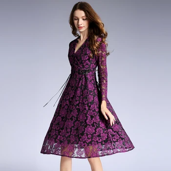 

2019 spring autumn full lace dress v-neck lady vestido women dresses high quality princess long sleeve European fashion clothes