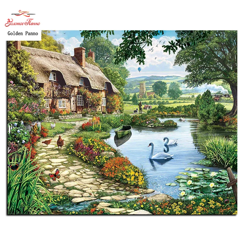 

Golden panno 5D Diy Diamond Paint Cross Stitch House Full Square Square Diamond Embroidery Needle Rhinestone Decoration Mosaic