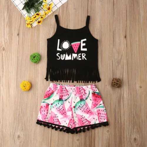 

Toddler Kid Baby Girl Clothes Cotton Love Tank Crop Top Vest T Shirt Shorts Pants Outfit Children Set Clothes