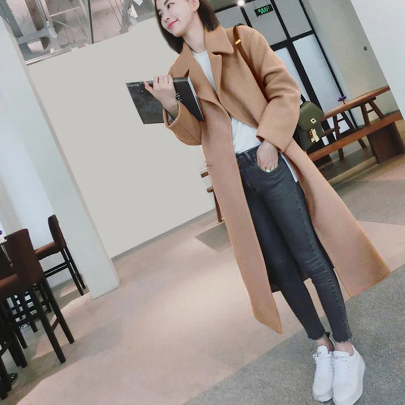 Новое Женское шерстяное пальто однотонное черное серое Осень Зима длинное корейское элегантное женское повседневное уличное пальто Casaco Feminino