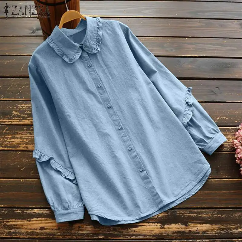 

ZANZEA Plus Size Women Tops Blouses Casual Ruffles Lantern Sleeve Shirt Vintage Tunic Tops Ladies Loose Blusas Womens Clothing