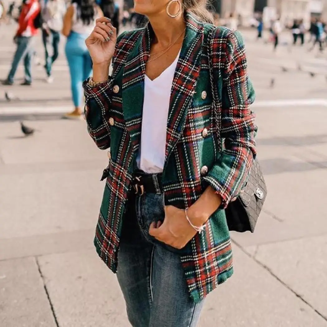 

Women Fashion Casual Long Sleeve Plaid Double-breasted Slim Cardigan Casual, Daily Life Coat Autumn, Winter