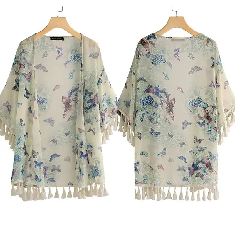 

Tops Beach Kimono Cardigan Women's Summer Blouse 2019 ZANZEA Fashion Bow Print Tassel Cover Up Battwing Sleeve Blusas 5XL