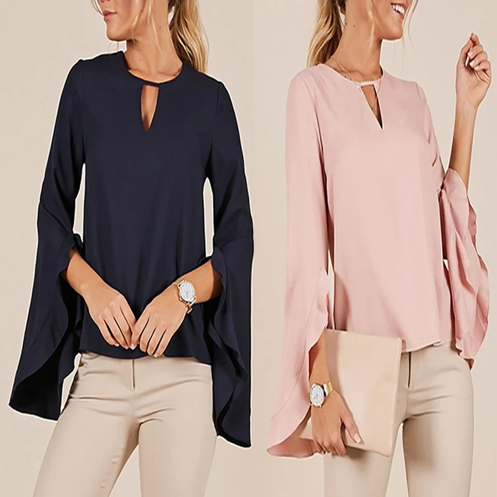 

2019 New Women V Neck Solid Color Ruffles Smock Blouse Female Basic Long Sleeve Chiffon Femininas Comfy Shirt Casual Tops