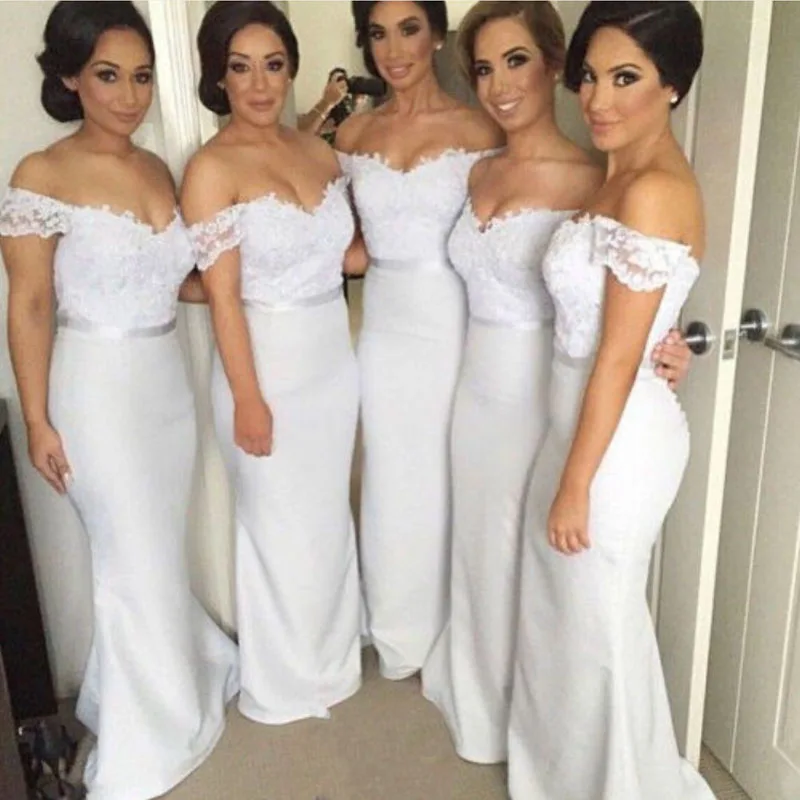 Long Formal Party Ball Bridesmaid GreenLace Prom Gown Dress White