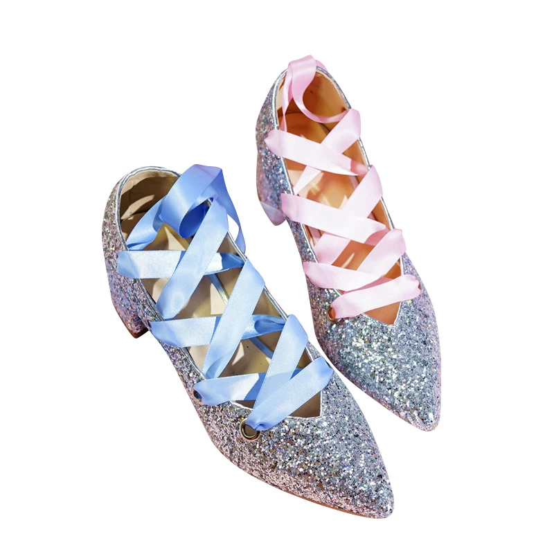 

2019 Sexy Women High Heels Shoes Ladies Party Wedding Shoes Bride Pointed Toe Glitter Silver Bling Pumps Lace Up Gladiator Heels