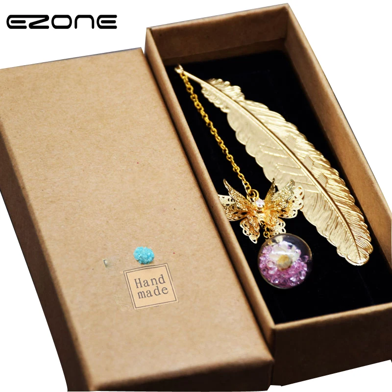 

EZONE 1PC Metal Feather Bookmark Butterfly Colorful Crystal Ball Pendant Bookmark Gift Box Exquisite Book Mark Chinoiserie