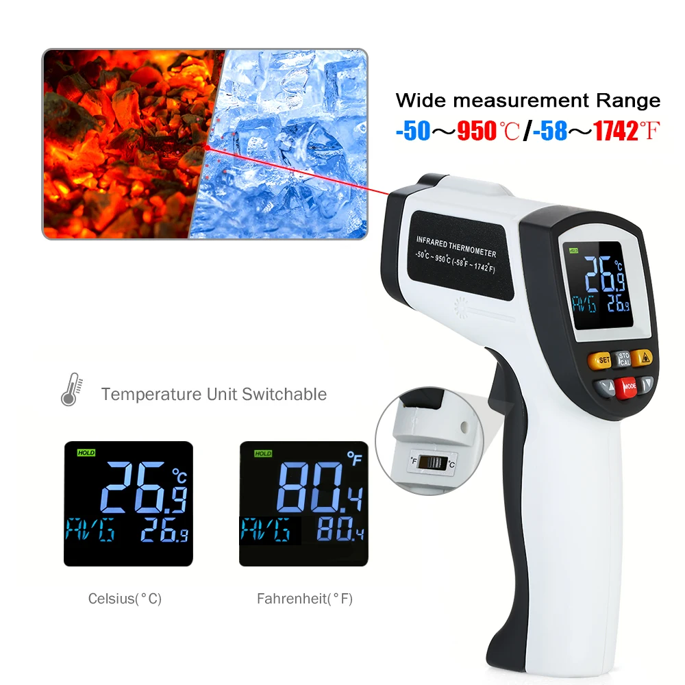 

Non-contact IR Infrared Thermometer Digital Handheld Temperature Tester 12:1 Pyrometer Color LCD with Backlight -50~750/950C