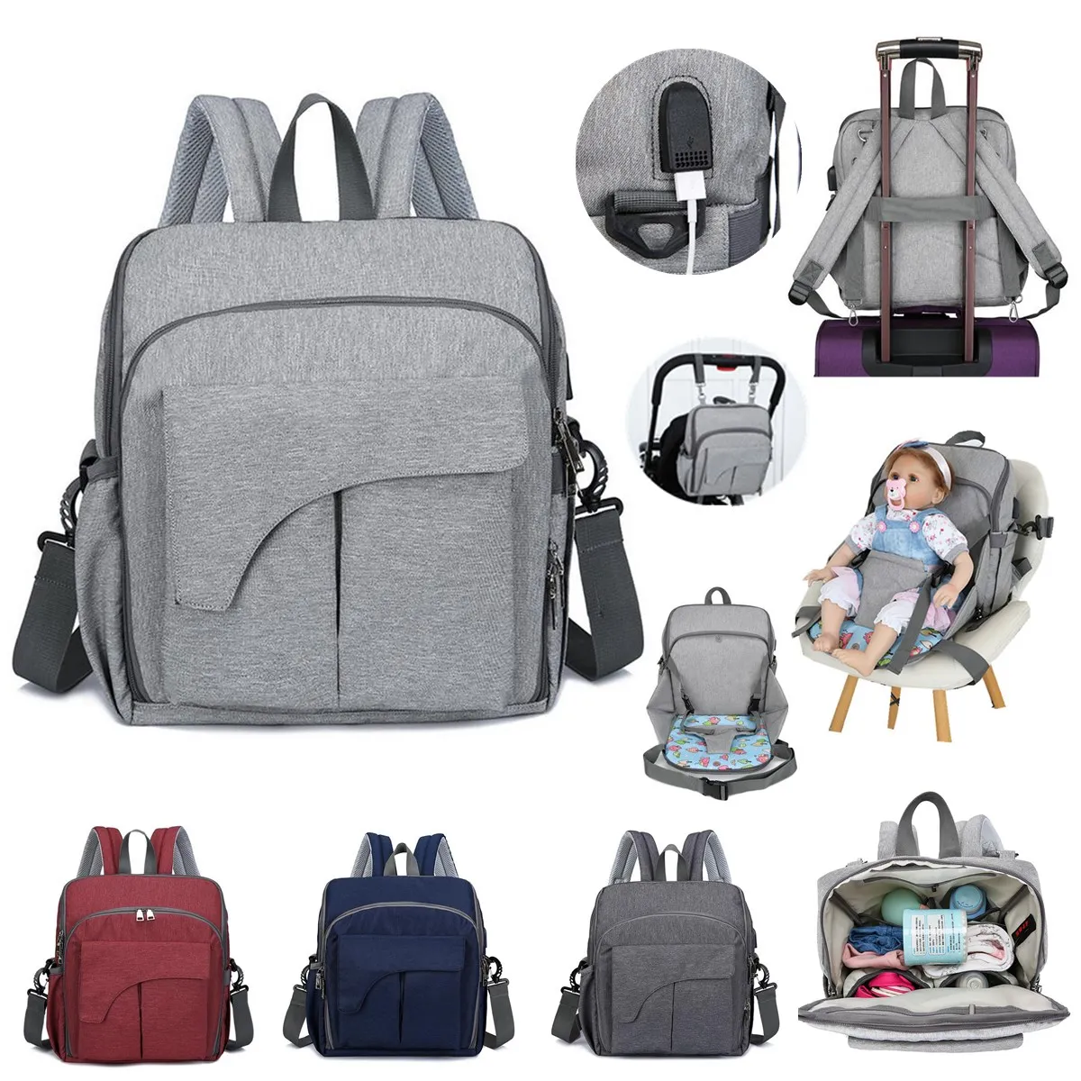 

USB Interface Mummy Bag Backpack Large Capacity WaterProof Nursing Baby Diaper Bag Maternity Carry Luiertas Bag For Baby Care