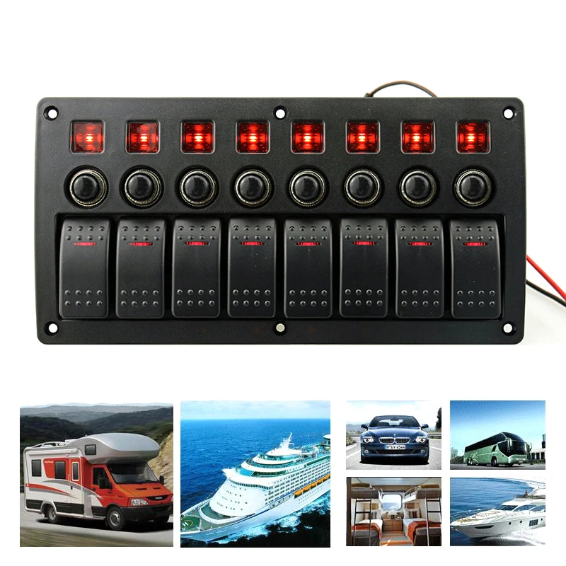 

8 Gang Rocker Switch Panel Circuit Breakers 3P Red Horizontal Bar Switch PCB Board Overload Protector Car Auto Boat Marine Yacht