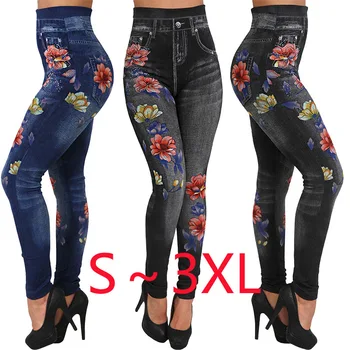 

Sexy Women Fashion Denim Like Faux Jean Slim Fit Embroidery Floral Flower Leggings Pants Denim Pants Elastic Pants Leggings