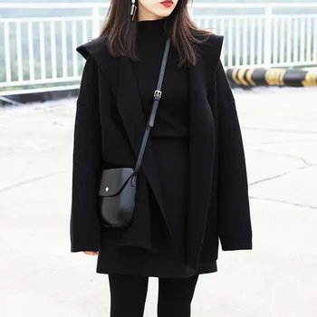 

2019 Black Short Knitting Hooded Cardigan Woman Casual Loose Coat